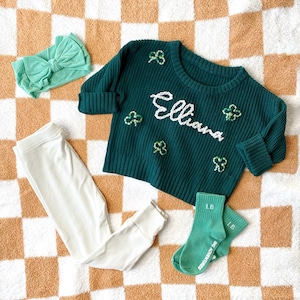 Hand Embroidered St. Patrick's Day Sweater, Irish Clover Outfit, Custom Baby Clothing, Personalized Name Gift, Shamrock Newborn Present image 3