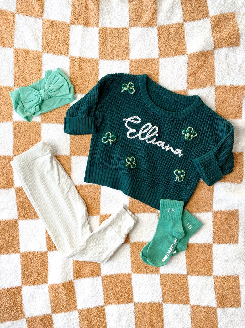 Hand Embroidered St. Patrick's Day Sweater, Irish Clover Outfit, Custom Baby Clothing, Personalized Name Gift, Shamrock Newborn Present image 3