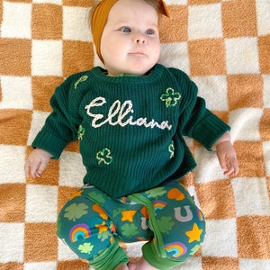 Hand Embroidered St. Patrick's Day Sweater, Irish Clover Outfit, Custom Baby Clothing, Personalized Name Gift, Shamrock Newborn Present image 2