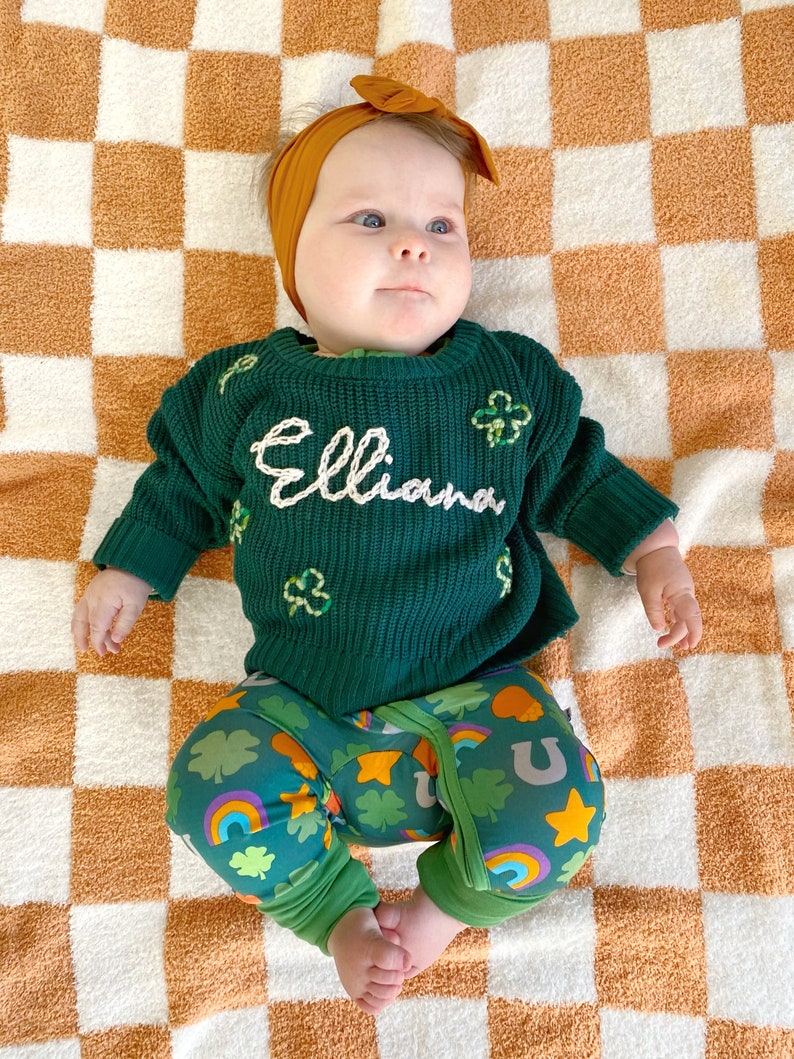 Hand Embroidered St. Patrick's Day Sweater, Irish Clover Outfit, Custom Baby Clothing, Personalized Name Gift, Shamrock Newborn Present image 2