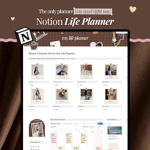 Può includere: Un modello digitale Notion Life Planner visualizzato su uno schermo. L'interfaccia presenta una dashboard con sezioni per visione, produttività, casa, stile di vita, fitness, nutrizione, benessere e finanze, oltre a un calendario.