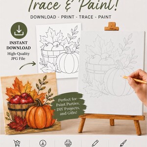 Contour de fête de peinture citrouille d'automne | Impression sur toile citrouille traçable | Kit de peinture d'automne | JPG instantané