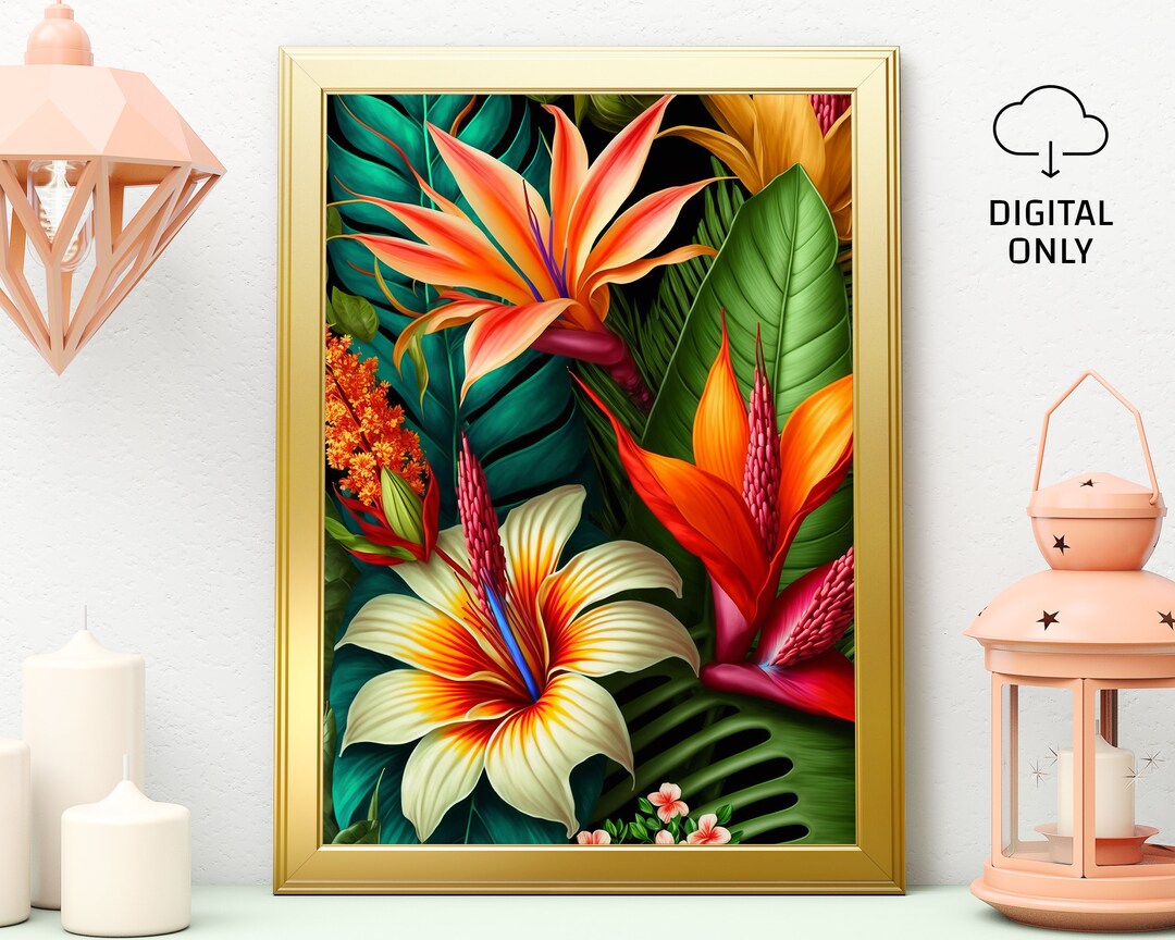 Tropical Flower Printable Wall Art Office Tropical Decor Watercolor ...