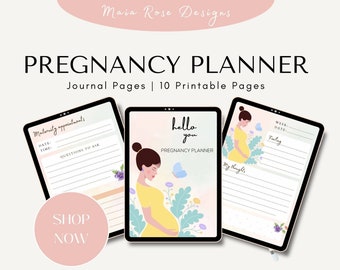 Pregnancy planner printable with dark haired Asian woman and floral detail, 10 printable digital downloads