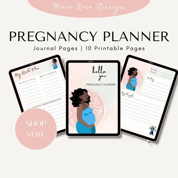 Afro Caribbean woman pregnancy planner, journal, printable planner pages for pregnant person, plan your whole pregnancy and journal