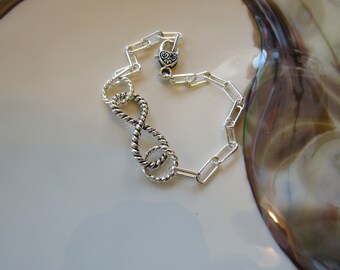 Silver Infinity Charm Bracelet: Paperclip Chain, Heart Closure