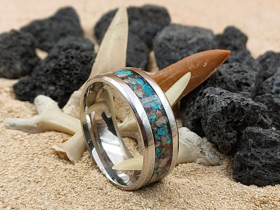 Fossilised Shark Tooth Ring Blue opal Red Opal men s women s friendship ring engagement ring wedding ring nature ocean ring sea Etsy