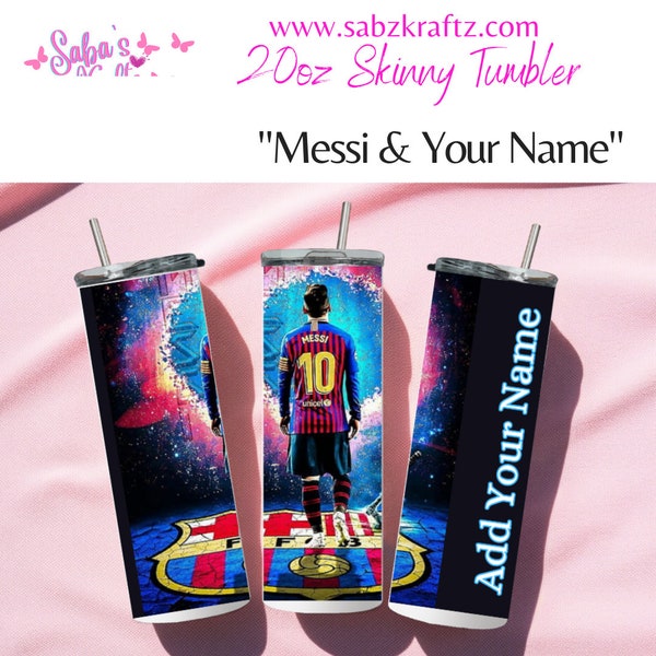 Messi Football Name Tumbler- Mug - Coffee Tumbler - Hot and Cold Glass Can - Coffee Cup - Messi, Name, Tumbler with Slide Lid and Straw