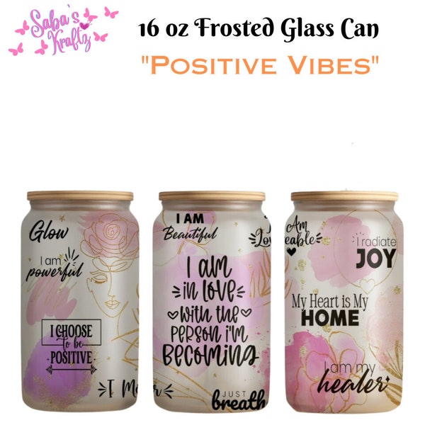 Vibes positives - Tasse de dictons - Tasse en verre de bière - Canette en verre de café -Tasse de café- blumen- cadeau - Canette en verre givré avec paille et couvercle en bambou