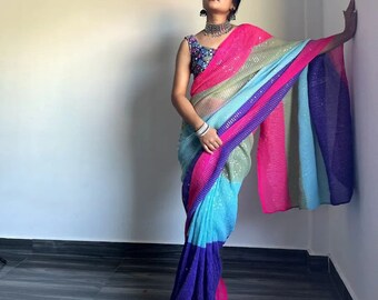 Multicolor Saree Indian Festival Saree Crush Georgette Sequins Work Ethnic Saree