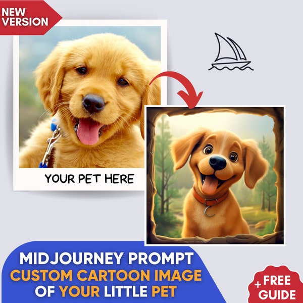 Personalized Pet Photo Midjourney Prompt, Cartoon Art, AI Art, AI Prompt, Best Midjourney Prompts, Learn Midjourney, Personalized Prompt