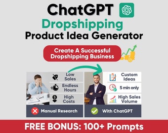 ChatGPT Dropshipping Productidee Generator-prompt, Dropshipping-prompt, ChatGPT-prompt, bespaar waardevolle tijd, 100+ bonus ChatGPT-prompts