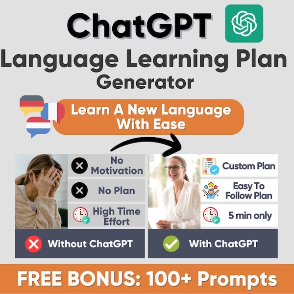 ChatGPT Language Learning Plan Generator Prompt, Learn Languages, ChatGPT Prompt, Learning Prompt, Teacher Prompt, 100+ Bonus Prompts