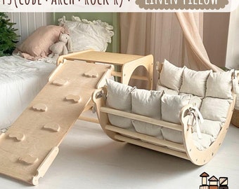Set 3 items with Pillow: Cimbing cube+Rock Ramp+Climb Arch+Pillow, Climbing Frame, Montessori furniture Toodler 1 st bday gift Climber Cube