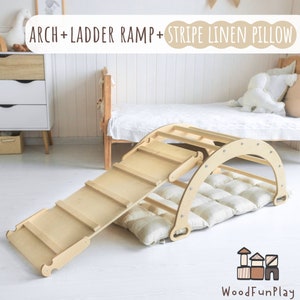 Montessori Climbing Arch, Climb Arch with Pillow, Toodler Climber Arch with bow, Kletterbogen mit Kissen, Bogenwippe, Montessori Rocker Arch+Ladder R+Pillow