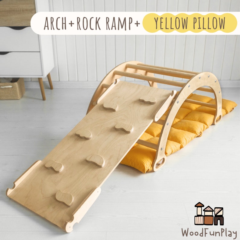 Montessori Climbing Arch, Climb Arch with Pillow, Toodler Climber Arch with bow, Kletterbogen mit Kissen, Bogenwippe, Montessori Rocker Arch+RockRamp+Pillow