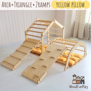 May include: Wooden play structure with a climbing arch, triangle, and two ramps. The structure is made of natural wood and has a yellow pillow on the bottom. The text "ARCH + TRIANGLE + 2 RAMPS" and "YELLOW PILLOW" is printed on the top of the image. The text "WoodFunPlay" is printed on the bottom of the image.