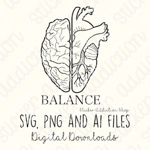 Single Line Brain and Heart Balance | SVG, PNG and Ai Cut Files | Cricut, Silhouette Cameo, Glowforge | Download | Line Art Vector Tattoo