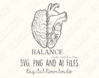 Single Line Brain and Heart Balance | SVG, PNG and Ai Cut Files | Cricut, Silhouette Cameo, Glowforge | Download | Line Art Vector Tattoo