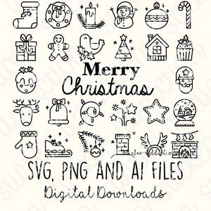 Christmas Icons | SVG, PNG and Ai Cut Files | Hand Drawn Icon | Cricut, Silhouette and Cameo | Instant Digital Download Vector Drawings DIY