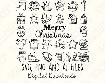 Christmas Icons | SVG, PNG and Ai Cut Files | Hand Drawn Icon | Cricut, Silhouette and Cameo | Instant Digital Download Vector Drawings DIY