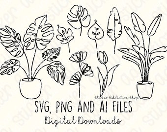 Single Line Plants Icons | SVG, PNG and Ai Cut Files | Cricut, Silhouette and Cameo | Digital Download | Vector Aesthetic Monoline Drawings