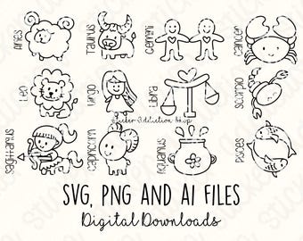 Zodiac Signs | SVG Bundle, PNG, Ai Cut Files | Embroidery Printable | Cricut, Silhouette, Glowforge and Cameo | Digital Download | Vector