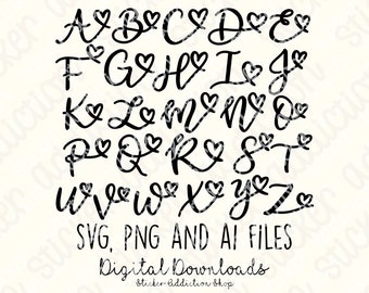 Alphabet mit Herzen | SVG Bundle, PNG, Ai Cut Dateien | Handgezeichnet | Cricut, Glowforge Silhouette Cameo | Valentinstag Vektor | Namen Initialen