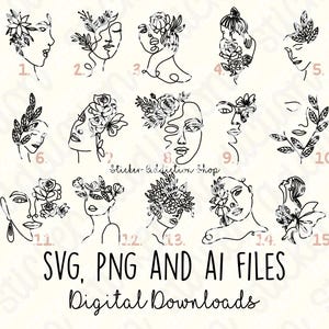 Line Art Donne e Fiori / SVG, PNG, Ai, PDF Stampabile 2", 3", 4", 6"/ Cricut, Silhouette Cameo, Glowforge, Ricamo / Scarica / Vettore