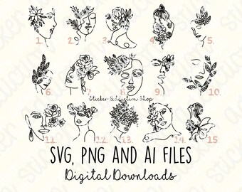 Line Art Women and Flowers | SVG, PNG, Ai, PDF Printable 2", 3", 4", 6"| Cricut, Silhouette Cameo, Glowforge, Embroidery | Download | Vector