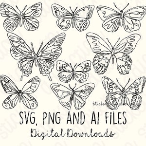 Single Line Butterfly Drawing | SVG, PNG and Ai Cut Files | Monoline Hand Drawn Icon | Cricut, Silhouette and Cameo | One Line Vector Icons