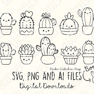 Icônes mignonnes de cactus et de plantes succulentes de Kawaii | Fichiers coupés SVG, PNG et Ai | Cricut, Silhouette Camée, Glowforge | Télécharger | Téléchargement de vecteur de cactus