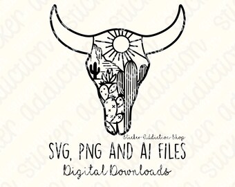 Monograma de toro y desierto / Archivos de corte SVG, PNG y Ai / Cricut, Silhouette Cameo, Glowforge / Descargar / Southwest Buffalo / Cactus Vector DIY