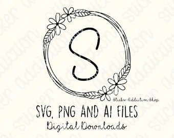 Alphabet | Modern Letter Heart Wreath | SVG, PNG, Ai Cut Files | Hand Drawn | Cricut, Silhouette Cameo, Glowforge | Initial Vector DIY Icon