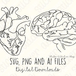 Monoline Brain and Heart Icons | SVG, PNG, Ai Cut Files | Cricut, Silhouette Cameo, Glowforge | Download | Single Line Art | Vector Download
