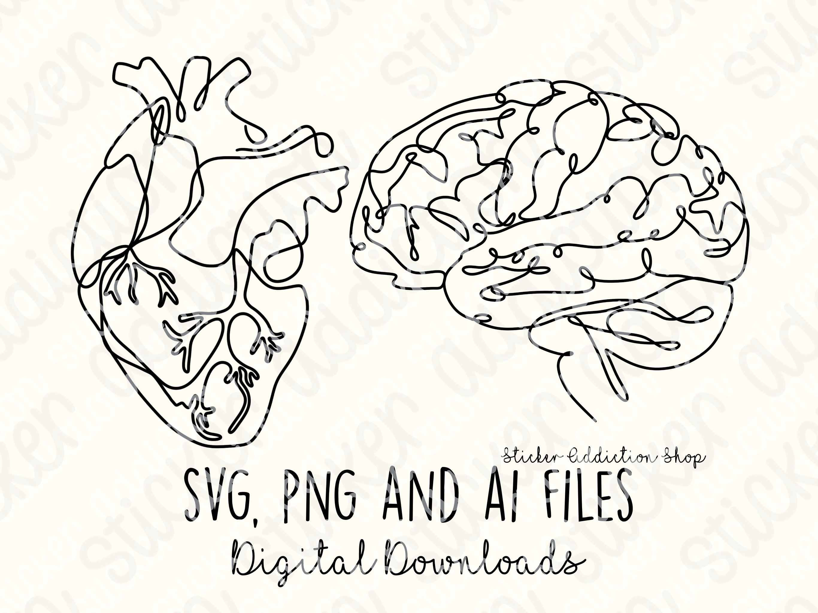 Single Line Brain and Heart Icons SVG PNG and Ai Cut Files