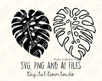 Monstera Leaf Outline Icon | SVG, PNG and Ai Cut Files | Cricut, Silhouette Cameo, Glowforge | Download | Tropical Houseplants Leaves B&W