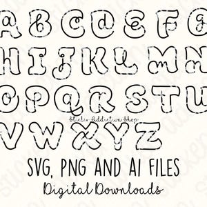 May include: Black and white alphabet letters in a bubble font style. The letters are outlined with a dashed line. The text below the letters reads "SVG, PNG AND AI FILES Digital Downloads".