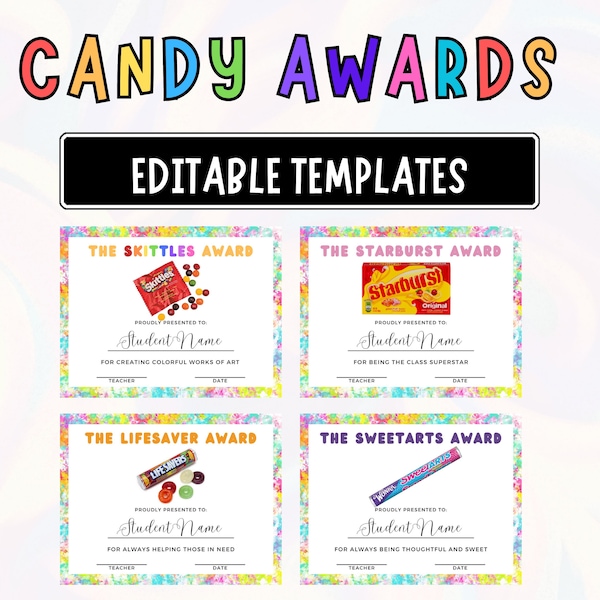 Modèles de récompenses Candy ; Récompenses de fin d'année modifiables ; Prix Candy pour l'école maternelle/élémentaire