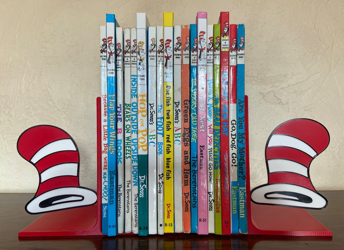 Cat in the Hat bookends, whimsical and colorful.