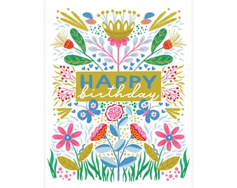 Cheerful happy birthday card set, boxed birthday cards, folk art pink, blue and green happy birthday cards with envelopes, FREE SHIPPING!