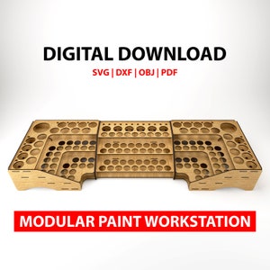 Pacchetto modulare Paint Workstation per Vallejo, colori Army Painter, pennelli in miniatura. Strumenti per modellismo - File tagliati al laser CNC SVG / DXF