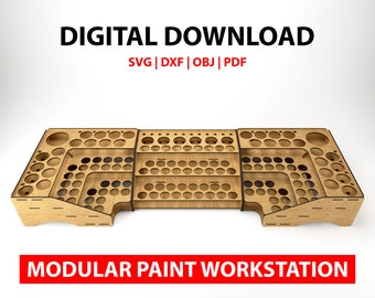 May include: A modular paint workstation made of wood with multiple shelves and compartments for storing paint bottles. The workstation is designed to be assembled and disassembled easily. DIGITAL DOWNLOAD SVG | DXF | OBJ | PDF