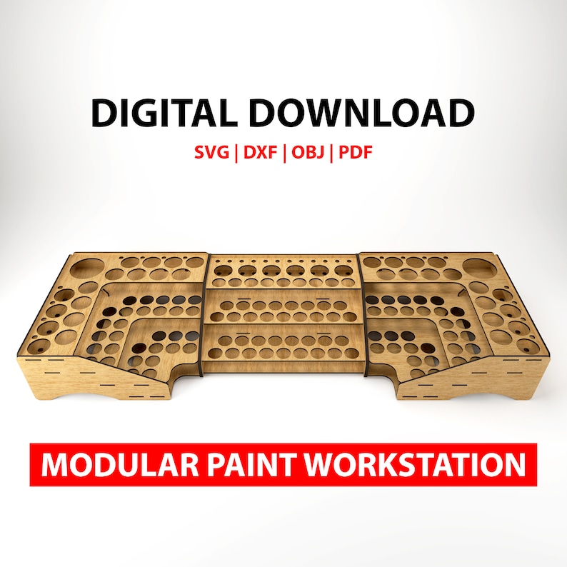 May include: A modular paint workstation made of wood with multiple shelves and compartments for storing paint bottles. The workstation is designed to be assembled and disassembled easily. DIGITAL DOWNLOAD SVG | DXF | OBJ | PDF
