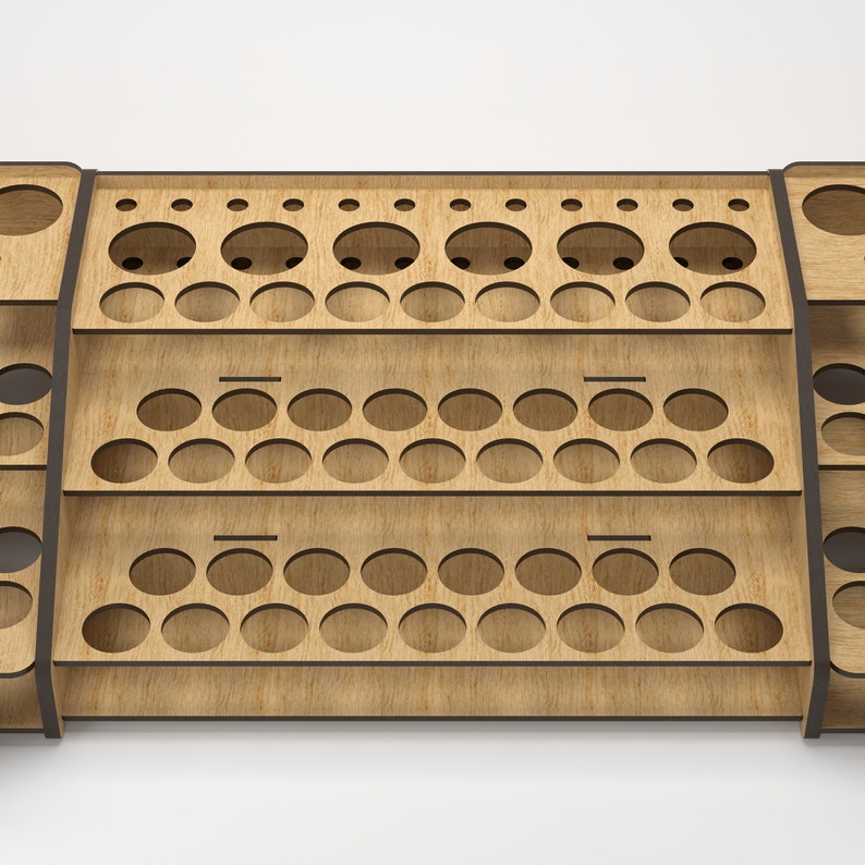 May include: A wooden paint rack with three tiers of circular holes for holding paint bottles. The rack is made of light brown wood with dark brown trim.