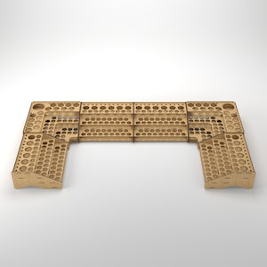 May include: A wooden paint organizer with multiple shelves and compartments for storing and displaying paint bottles. The organizer is made of light brown wood and has a U-shaped design.