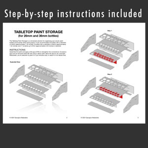 May include: A step-by-step guide for assembling a tabletop paint storage rack for 26mm and 36mm bottles. The exploded view shows the individual pieces of the rack, and the steps show how to assemble the rack. The instructions include applying white glue (PVA) to strengthen the connections.