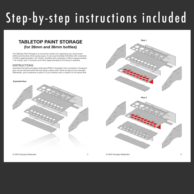 May include: A step-by-step guide for assembling a tabletop paint storage rack for 26mm and 36mm bottles. The exploded view shows the individual pieces of the rack, and the steps show how to assemble the rack. The instructions include applying white glue (PVA) to strengthen the connections.