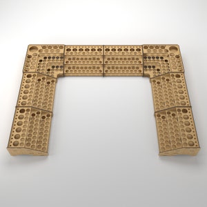 May include: A wooden paint pot organizer with multiple shelves and rows of circular holes for storing paint pots. The organizer is shaped like a U and is made of light brown wood.