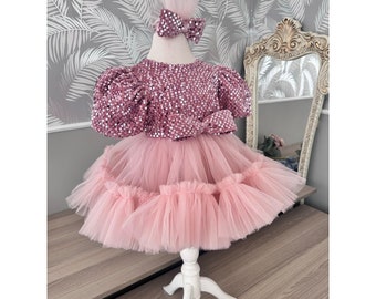 Princess Girl Dress, Girl's Dress, Children's Dress, Birthday Dress, Embroidered Dress, Pink Children's Dress, Ruffle Tulle Girl's Dress